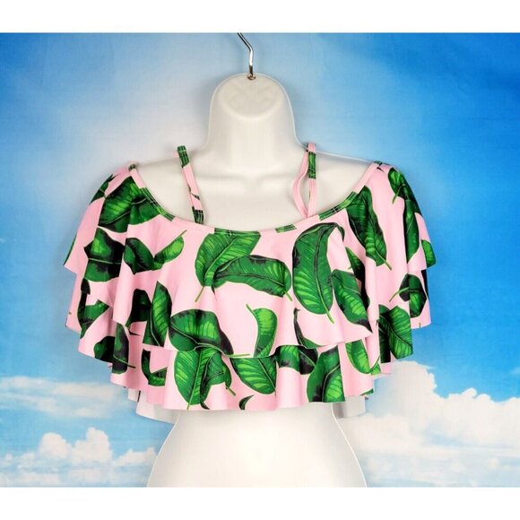 PINK with Green Fern print OFF/COLD Shoulder RUFFLE removable adj straps size Sm - Picture 4 of 7